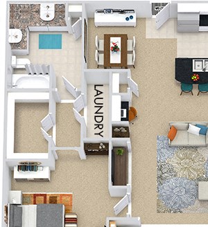 The Vancouver + Sunroom 3D The Vancouver + Sunroom 3D. 2 bedroom apartment. Kitchen with bartop open to living/dining rooms. 2 full bathrooms, double vanity in master. Walk-in closets. Sunroom.